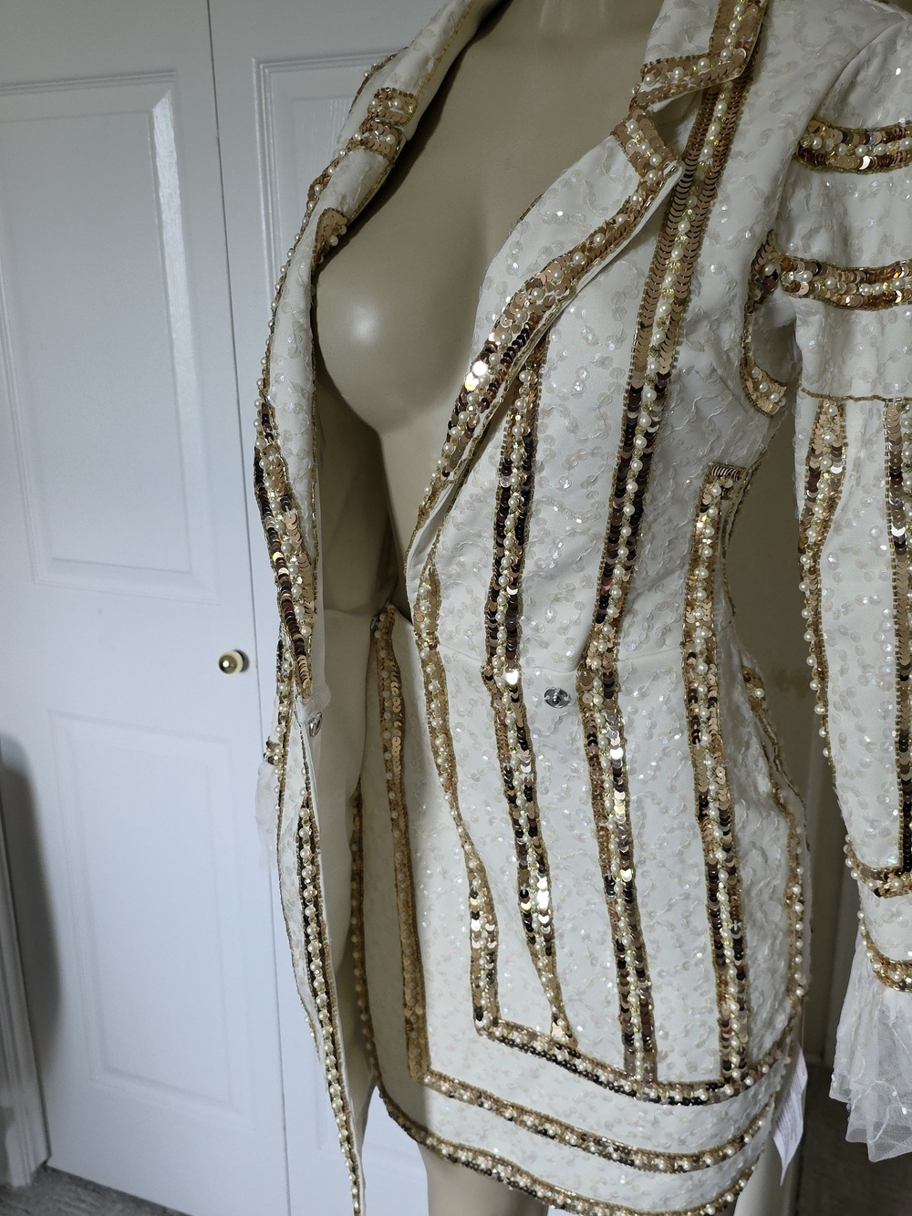 ASOS DESIGN CREAM Mini Blazer Dress with Gold Sequin Trim - Picture 8 of 13